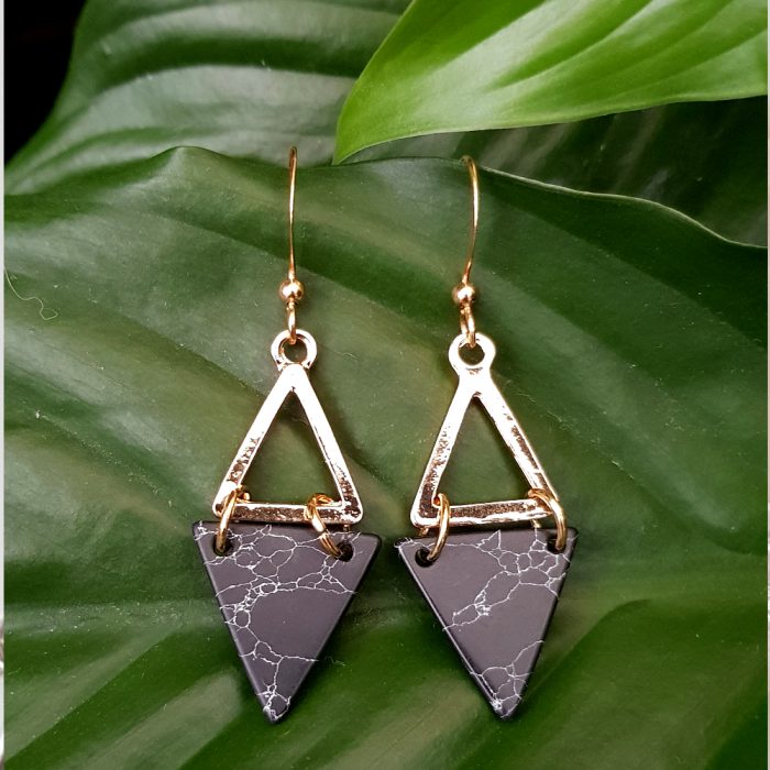 Gold Triangle and Black Marble Triangle Drop Earrings