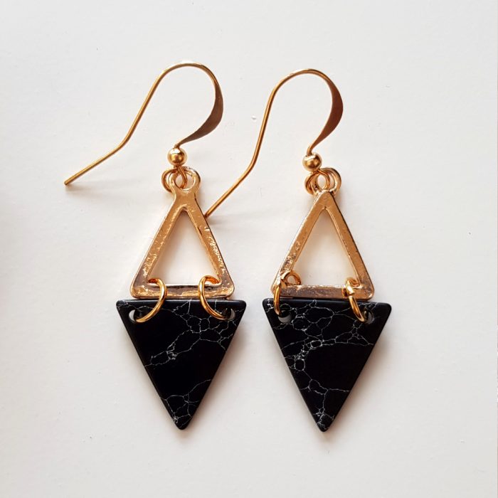 Gold Triangle and Black Marble Triangle Drop Earrings - Image 2
