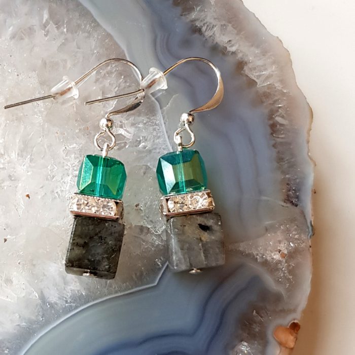 Labradorite & Austrian Crystal Cube Silver Drop Earring's - Image 2