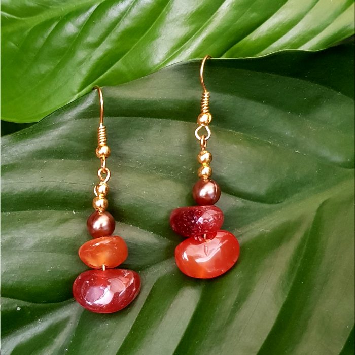 Semi Precious Carnelian Orange Gemstone, Gold Plate Drop Earrings