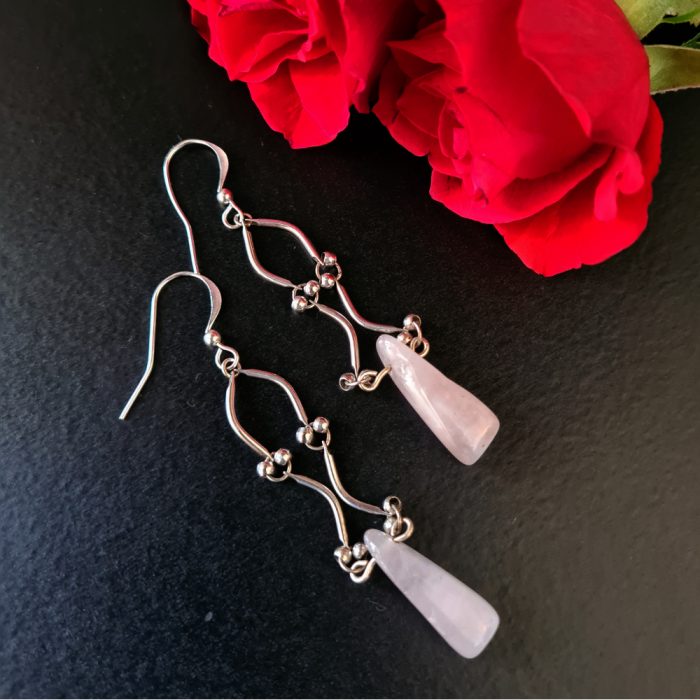 Rose Quartz Gemstones & Sterling Silver Drop Earrings