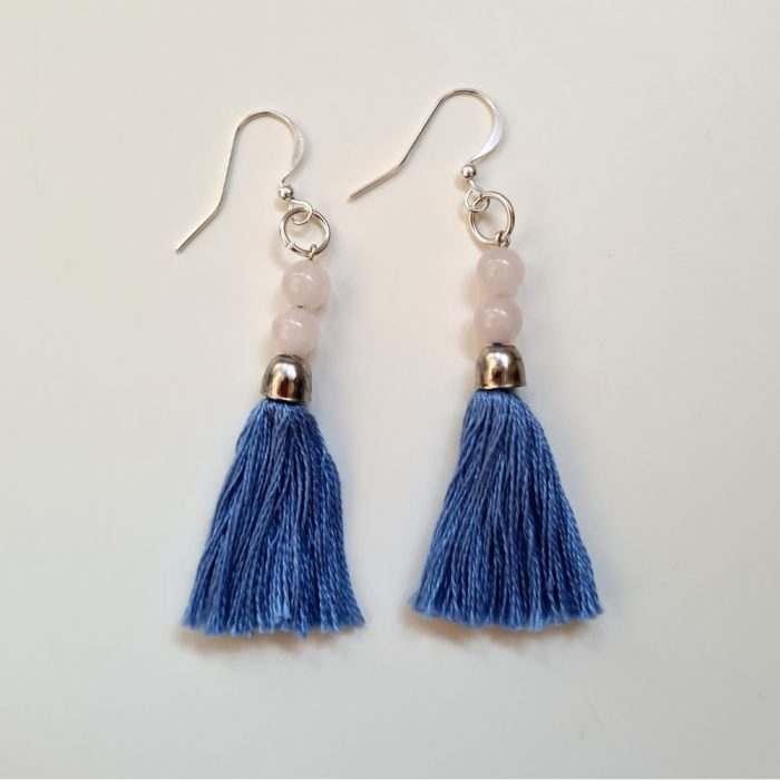 Rose Quartz Gemstones, Aqua Blue Tassel & Silver Drop Earrings - Image 2