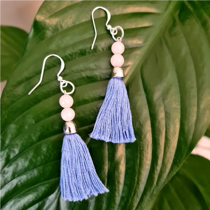 Rose Quartz Gemstones, Aqua Blue Tassel & Silver Drop Earrings