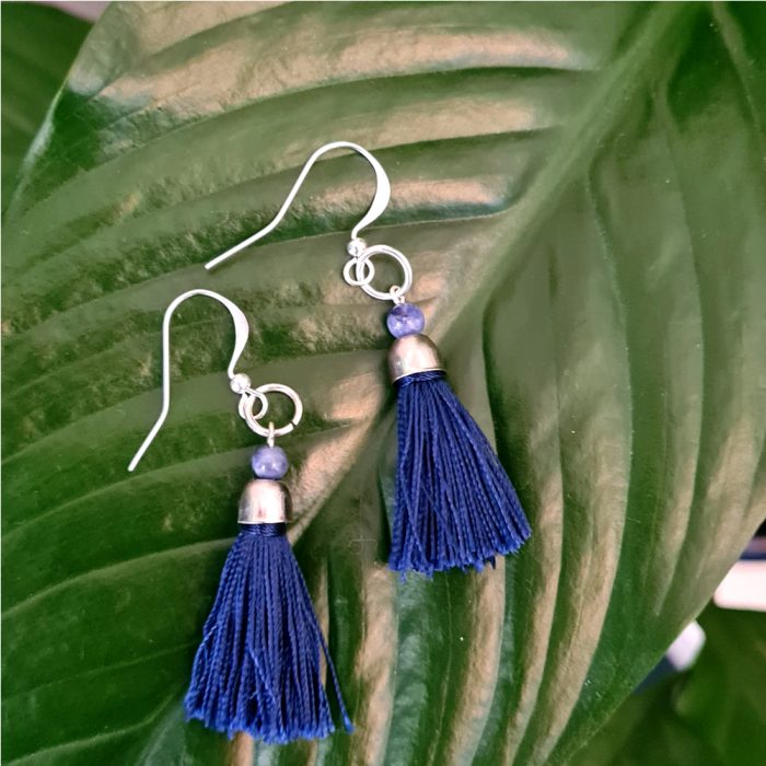 Sodalite Gemstones, Blue Tassel & Silver Drop Earrings