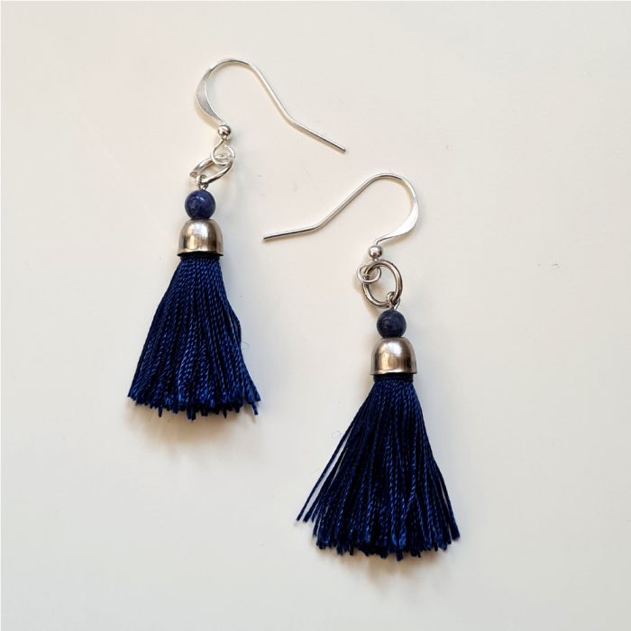 Sodalite Gemstones, Blue Tassel & Silver Drop Earrings - Image 2