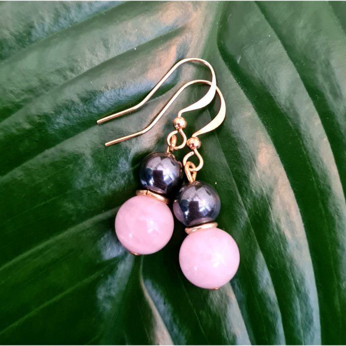 Rose Quartz & Hematite Gems, Gold Plate Drop Earrings - Image 2