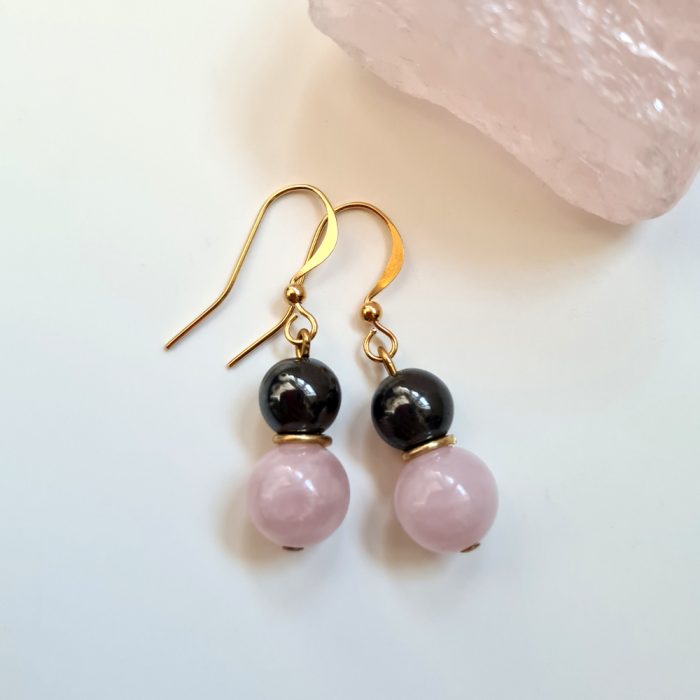 Rose Quartz & Hematite Gems, Gold Plate Drop Earrings