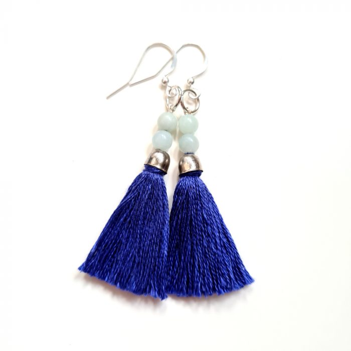 Amazonite Gemstones, Blue Tassel & Silver Drop Earrings - Image 2