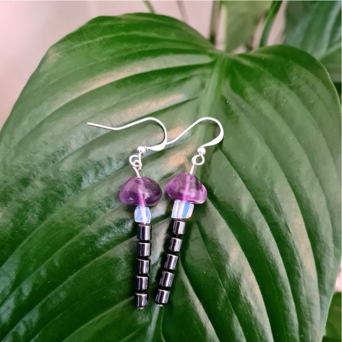 Amethyst, Hematite Gemstone, Milky Quartz Crystal Silver Drop Earrings