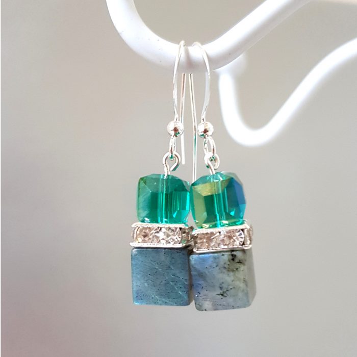 Labradorite & Austrian Crystal Cube Silver Drop Earring's