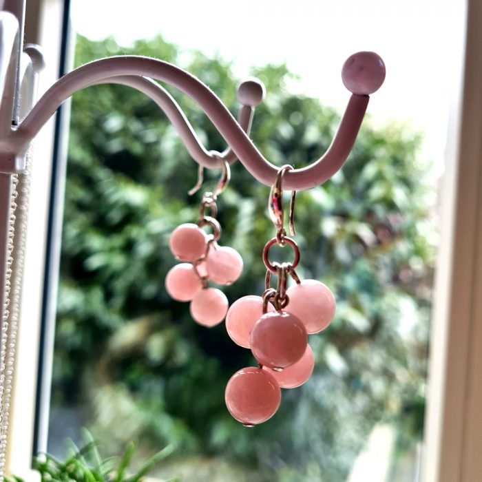 Rose Quartz Pearl Gemstone & Silver Plate Drop Earrings - Image 2