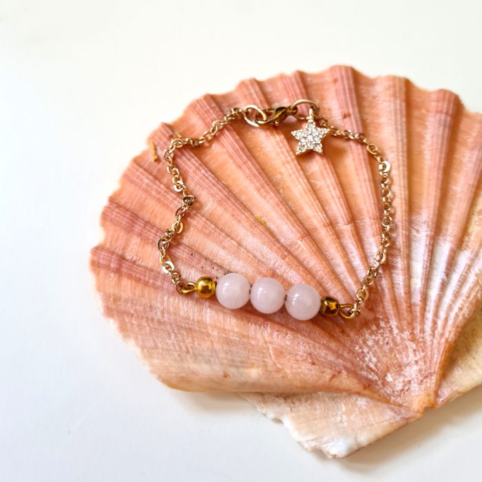 Rose Quartz Gemstone & Gold Zirconia Charm Bracelet