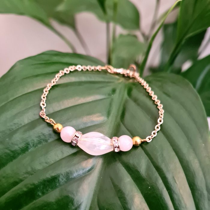 Milky Quartz, Rose Quartz Pearls & Gold Zirconia Heart Charm Bracelet
