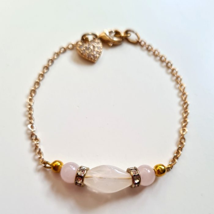 Milky Quartz, Rose Quartz Pearls & Gold Zirconia Heart Charm Bracelet - Image 2