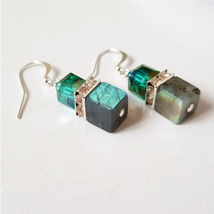 Labradorite & Austrian Crystal Cube Silver Drop Earring's - Image 3