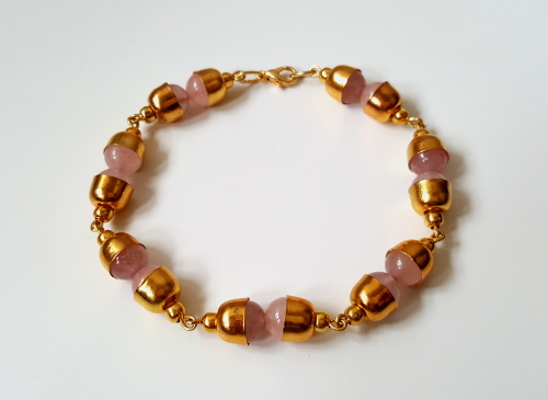 Ladies Rose Quartz and Gold-Plated Bracelet - NEW