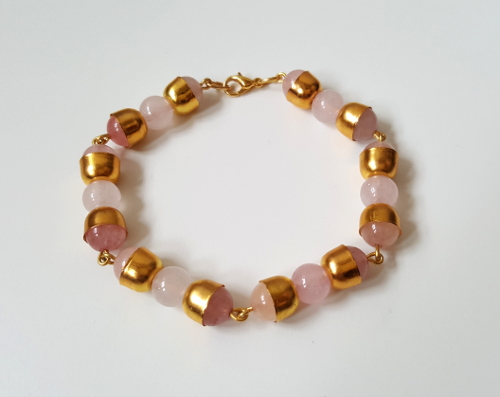 Rose Quartz Gemstone and Gold-Plated Bracelet - NEW