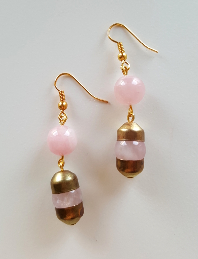 Double Drop Rose Quartz Pearl Capsule Gold Plate Earrings