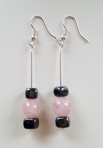 Silver Plate, Rose Quartz & Hematite Drop Earrings