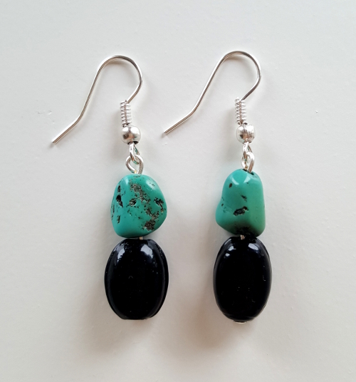 Turquoise Howlite, Black Glass & Silver Drop Earrings