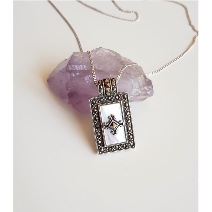 Vintage Marcasite & Mother of Pearl, Silver Pendant Necklace