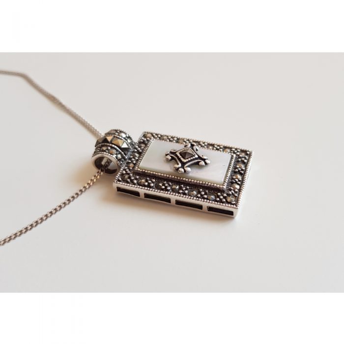 Vintage Marcasite & Mother of Pearl, Silver Pendant Necklace - Image 2