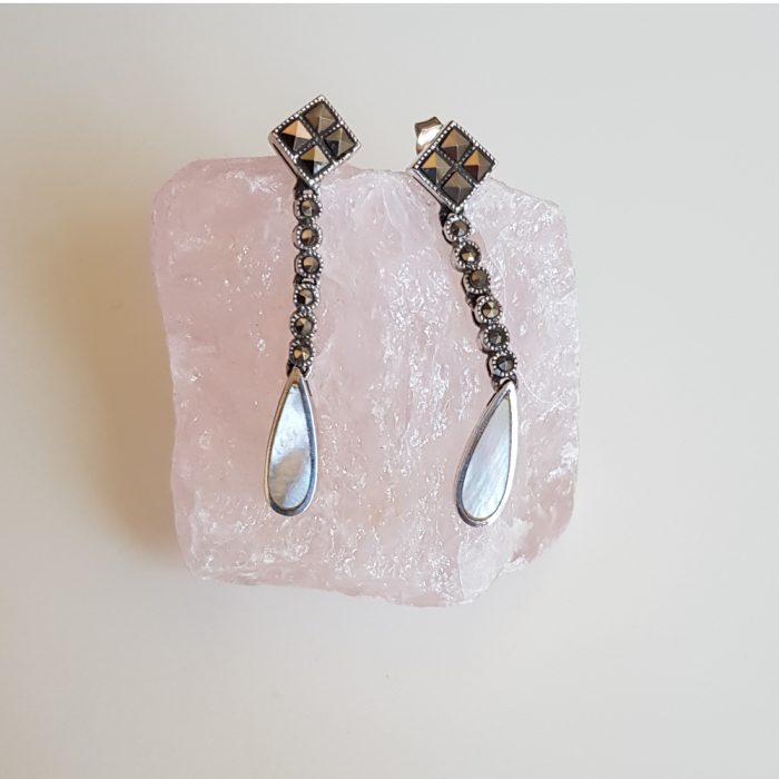 Vintage Art Deco Silver, Marcasite and Mother Of Pearl Drop Earrings