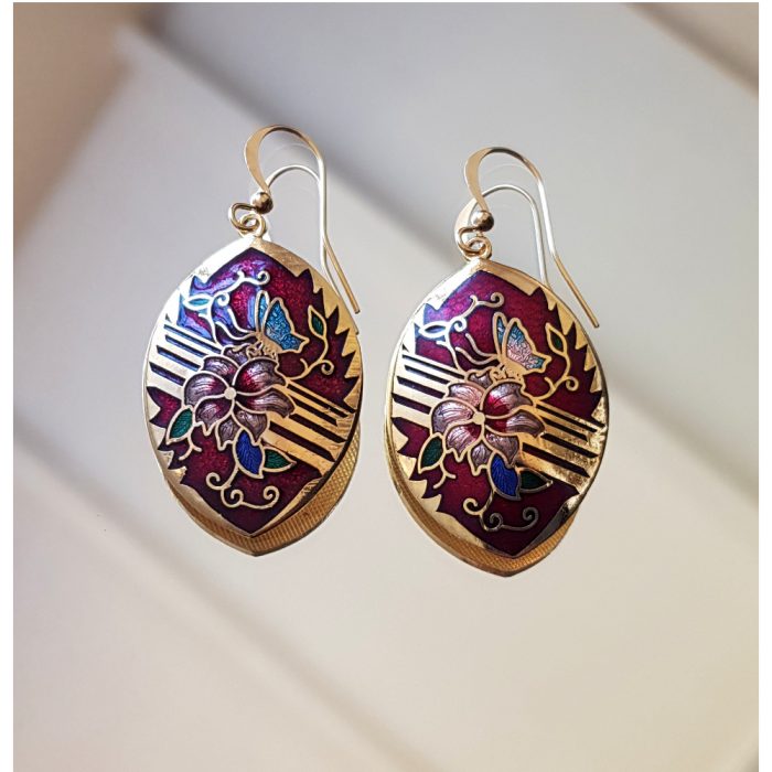 Cloisonné Red Enamel Flower & Butterfly Gold Tone Drop Earrings