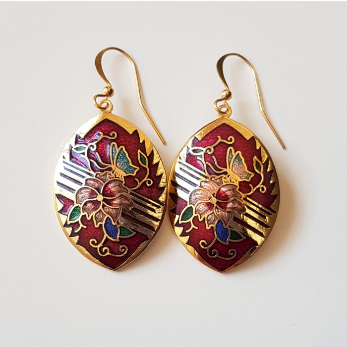 Cloisonné Red Enamel Flower & Butterfly Gold Tone Drop Earrings - Image 3