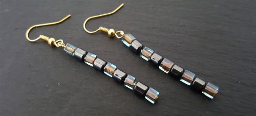 Hematite Gemstone & Glass Japanese Squares Gold Plate Drop Earrings