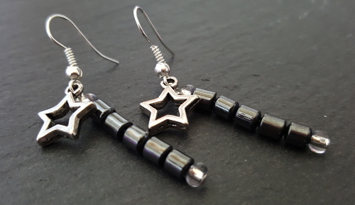 Hematite Gemstone & Silver Shooting Star Charm Drop Earrings - NEW!