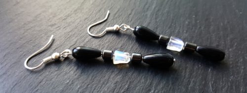 Black Onyx, Hematite Gemstone & Milky Quartz Silver Drop Earrings