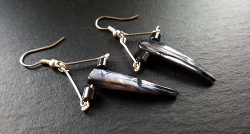 Mother Of Pearl Spikey Shell Stick And Hematite Gemstone Silver Drop Earrings