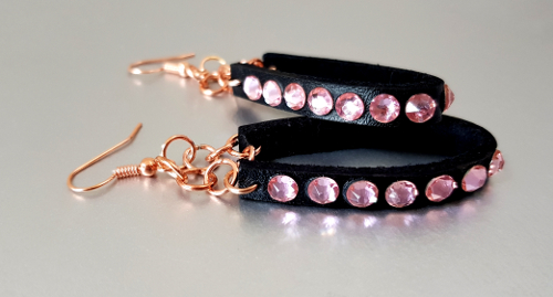 Leather Hoop, Swarovski and Rose Gold Drop Earrings - Light Rose