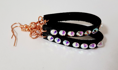 Leather Hoop, Swarovski and Rose Gold Drop Earrings - Aurore Boreale