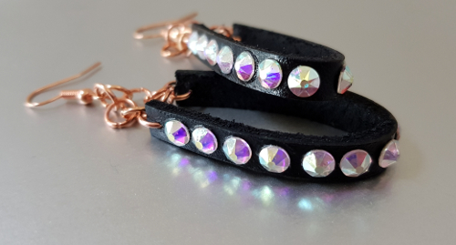 Leather Hoop, Swarovski and Rose Gold Drop Earrings - Aurore Boreale
