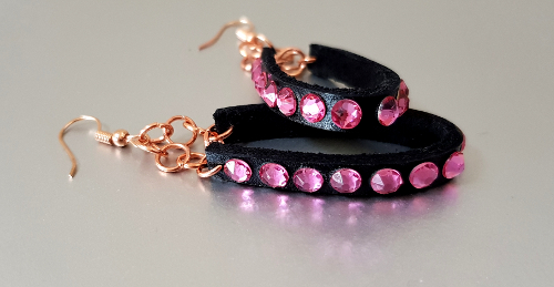 Leather Hoop, Swarovski and Rose Gold Drop Earrings - Fuchsia