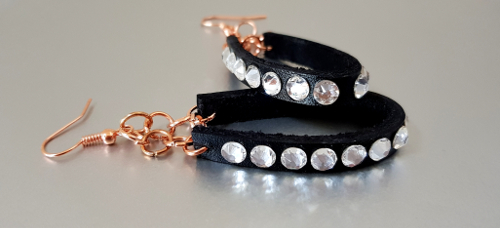 Leather Hoop, Swarovski and Rose Gold Drop Earrings - Crystal
