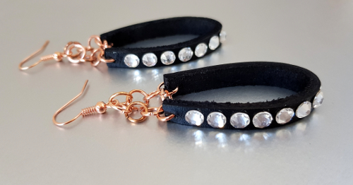 Leather Hoop, Swarovski and Rose Gold Drop Earrings - Crystal