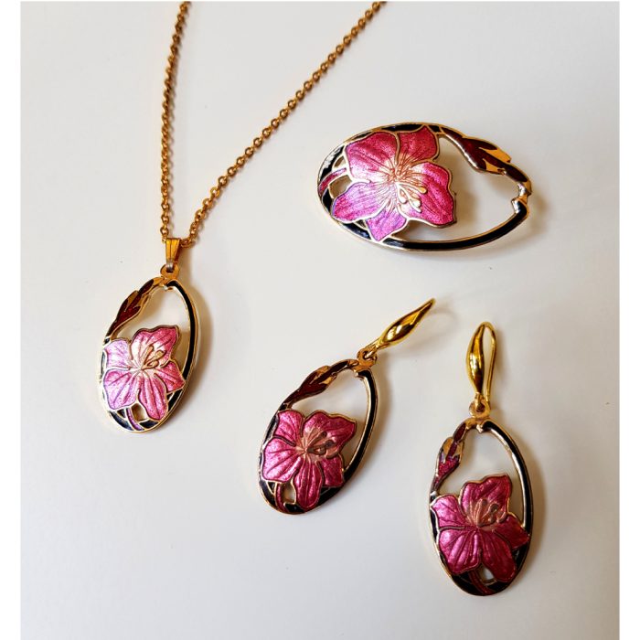 Vintage Cloisonné Enamel Lilly Flower Jewellery Set By Fish in 22ct Gold