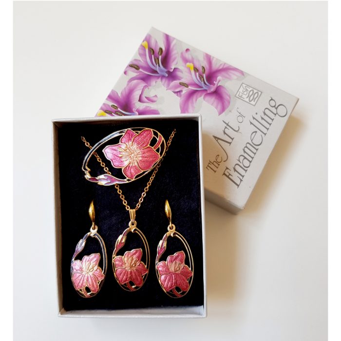 Vintage Cloisonné Enamel Lilly Flower Jewellery Set By Fish in 22ct Gold - Image 6