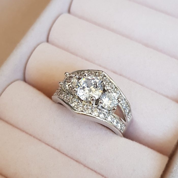 White Diamond CZ Silver Plate Trilogy Ring - UK Size L
