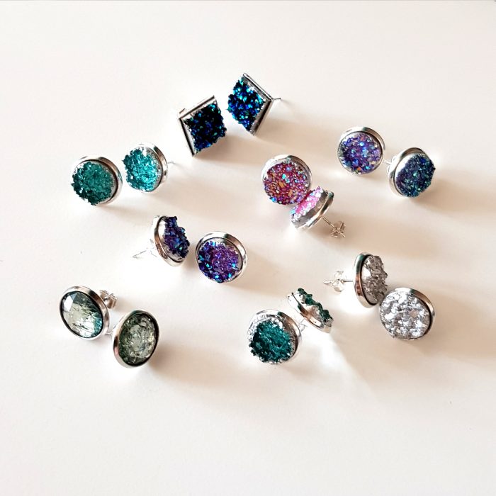 Druzy Crystal Cabochon Silver Stud Earrings