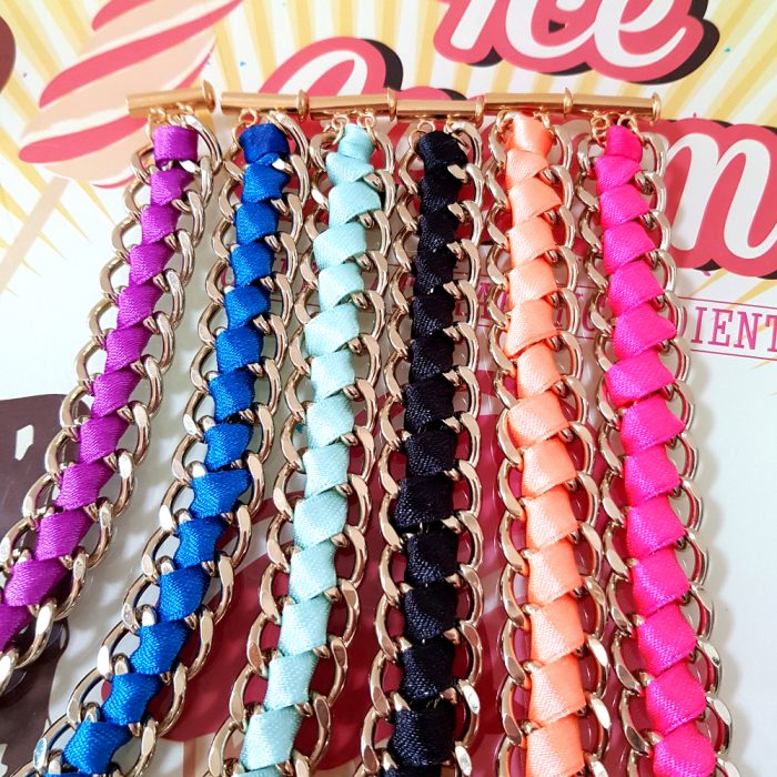 Diamond Cut Curb Gold Chain & Silk Ribbon Bracelets