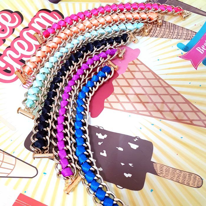 Diamond Cut Curb Gold Chain & Silk Ribbon Bracelets - Image 2