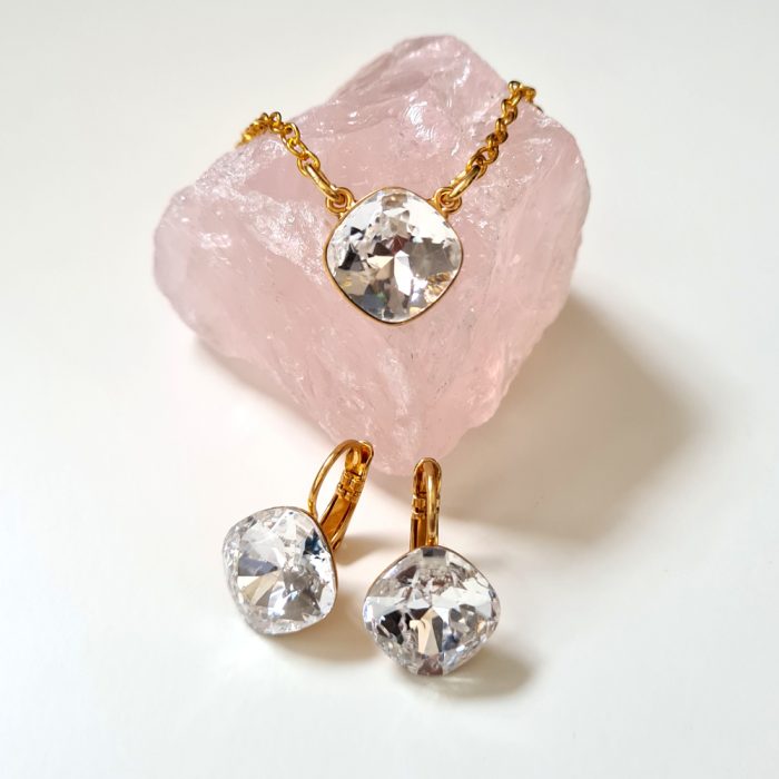 Square Crystal Earrings & 9ct Gold Necklace Jewellery Set