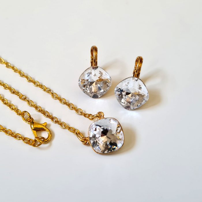 Square Crystal Earrings & 9ct Gold Necklace Jewellery Set - Image 2