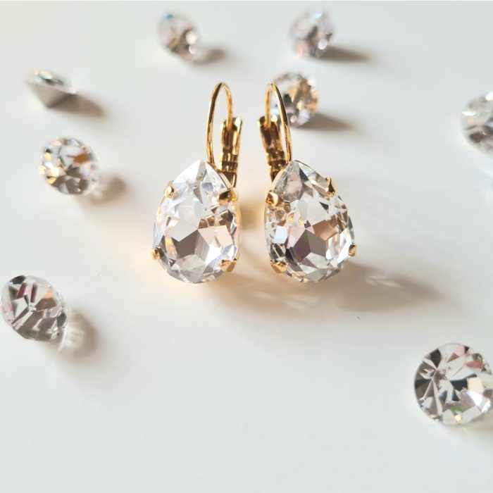 Crystal Pear Elements & Gold Lever Back Earrings - Image 3